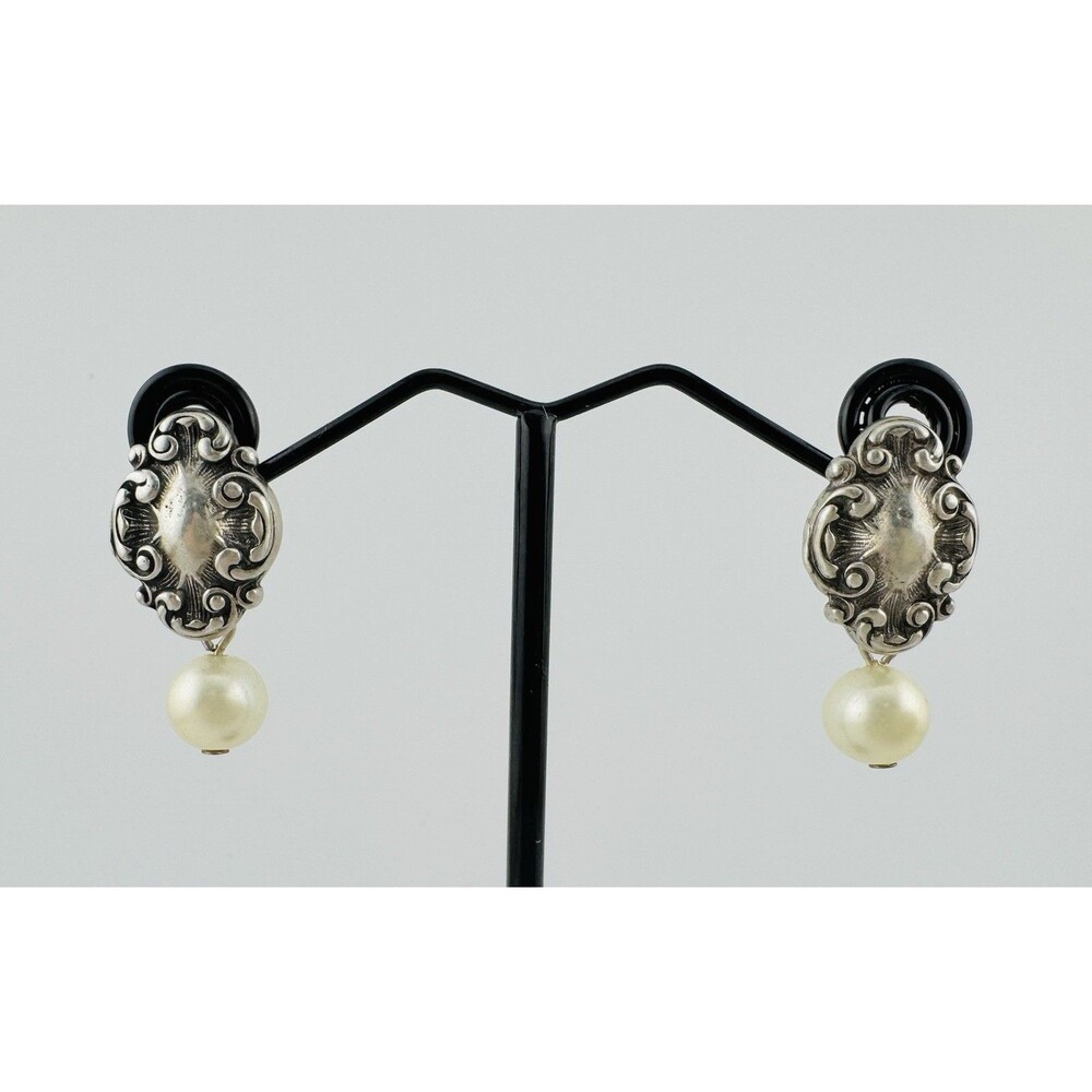 Vintage Sterling Silver 925 Ornate  Dangle Earrings Faux Pearl 1 Inch Drop